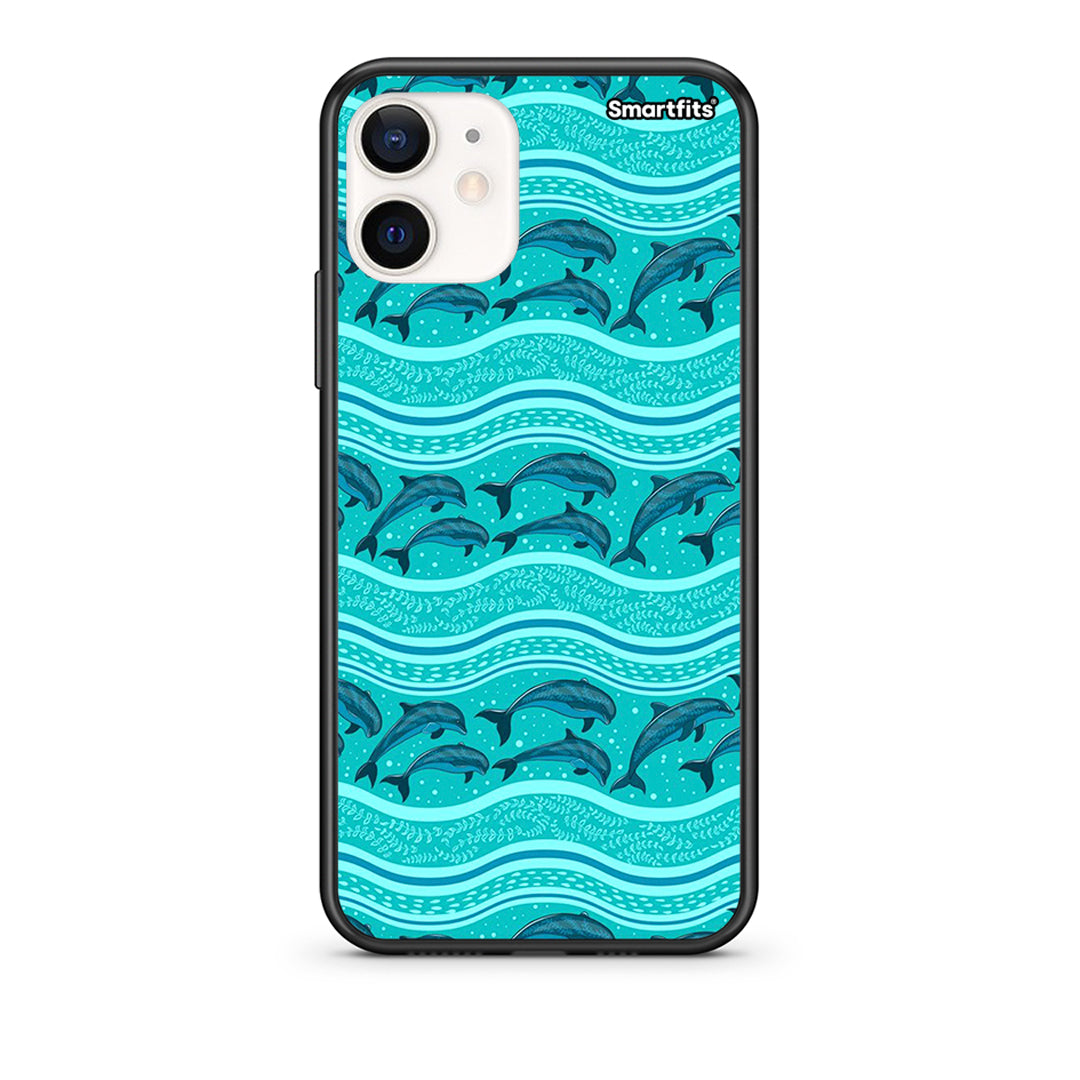 Θήκη iPhone 12 Mini Swimming Dolphins από τη Smartfits με σχέδιο στο πίσω μέρος και μαύρο περίβλημα | iPhone 12 Mini Swimming Dolphins case with colorful back and black bezels