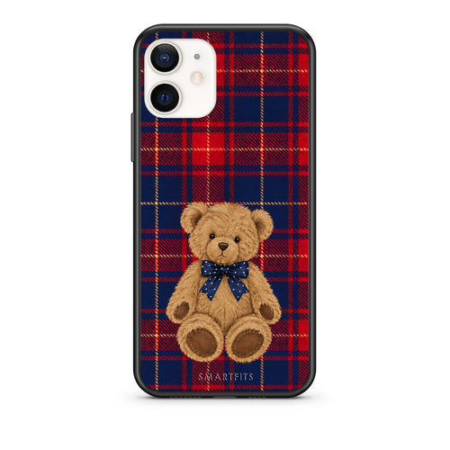 Θήκη iPhone 12 Mini Teddy Bear on Red and Navy Tartan από τη Smartfits με σχέδιο στο πίσω μέρος και μαύρο περίβλημα | iPhone 12 Mini Teddy Bear on Red and Navy Tartan case with colorful back and black bezels
