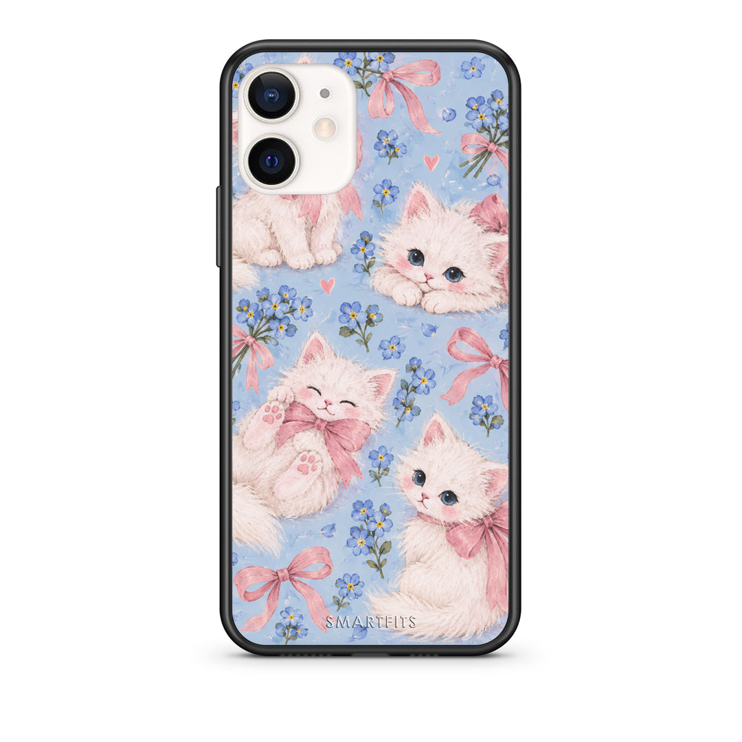 Θήκη iPhone 12 Mini White Kittens and Blue Flowers Large από τη Smartfits με σχέδιο στο πίσω μέρος και μαύρο περίβλημα | iPhone 12 Mini White Kittens and Blue Flowers Large case with colorful back and black bezels