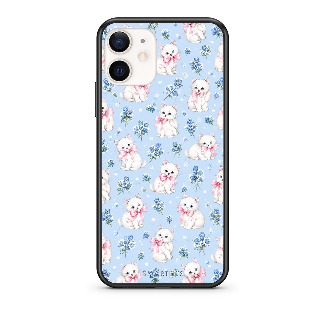 Θήκη iPhone 12 Mini White Kittens and Blue Flowers Small από τη Smartfits με σχέδιο στο πίσω μέρος και μαύρο περίβλημα | iPhone 12 Mini White Kittens and Blue Flowers Small case with colorful back and black bezels