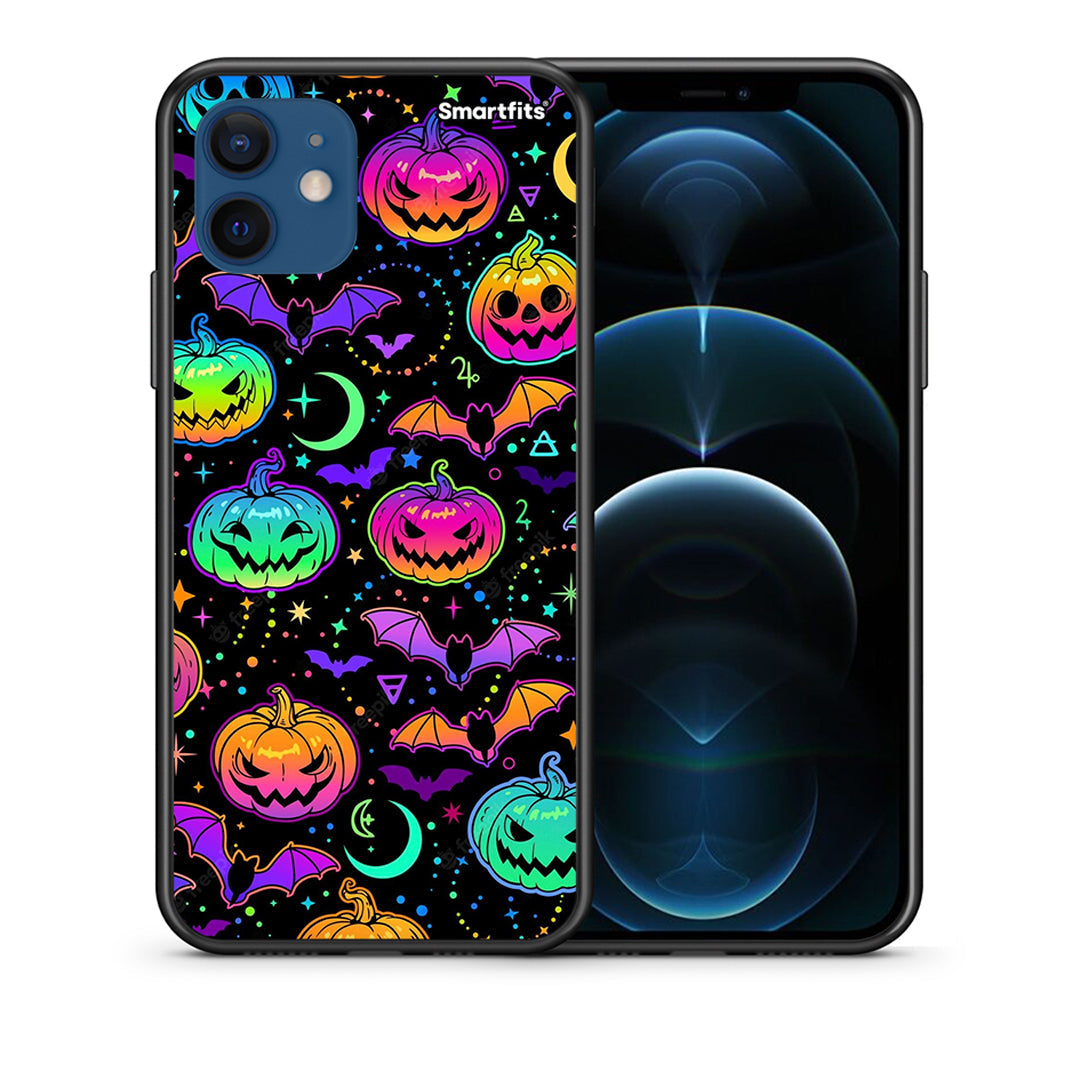 Θήκη iPhone 12 Pro Neon Halloween από τη Smartfits με σχέδιο στο πίσω μέρος και μαύρο περίβλημα | iPhone 12 Pro Neon Halloween case with colorful back and black bezels