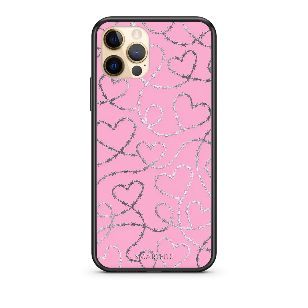Θήκη iPhone 12 Pro Barbed Wire Hearts on Pink από τη Smartfits με σχέδιο στο πίσω μέρος και μαύρο περίβλημα | iPhone 12 Pro Barbed Wire Hearts on Pink case with colorful back and black bezels