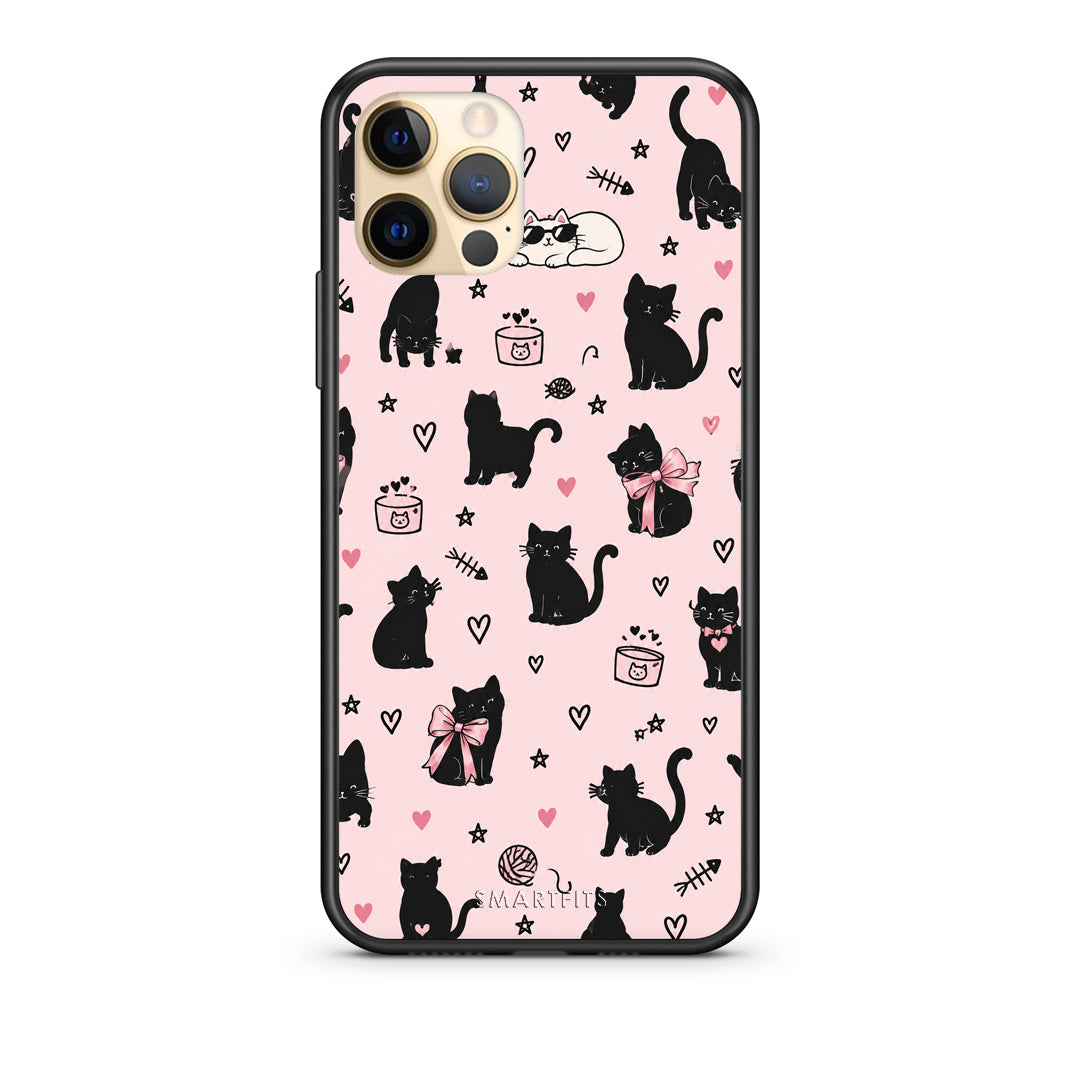 Θήκη iPhone 12 Pro Black Cat Doodles on Pink από τη Smartfits με σχέδιο στο πίσω μέρος και μαύρο περίβλημα | iPhone 12 Pro Black Cat Doodles on Pink case with colorful back and black bezels