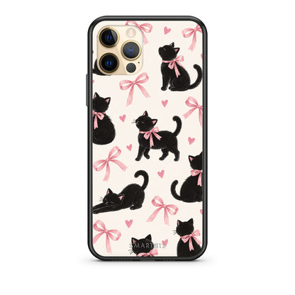 Θήκη iPhone 12 Pro Black Kittens and Pink Bows on Cream Large από τη Smartfits με σχέδιο στο πίσω μέρος και μαύρο περίβλημα | iPhone 12 Pro Black Kittens and Pink Bows on Cream Large case with colorful back and black bezels