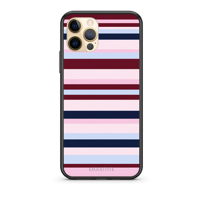 Θήκη iPhone 12 Pro Burgundy Pink and Blue Horizontal Stripes από τη Smartfits με σχέδιο στο πίσω μέρος και μαύρο περίβλημα | iPhone 12 Pro Burgundy Pink and Blue Horizontal Stripes case with colorful back and black bezels