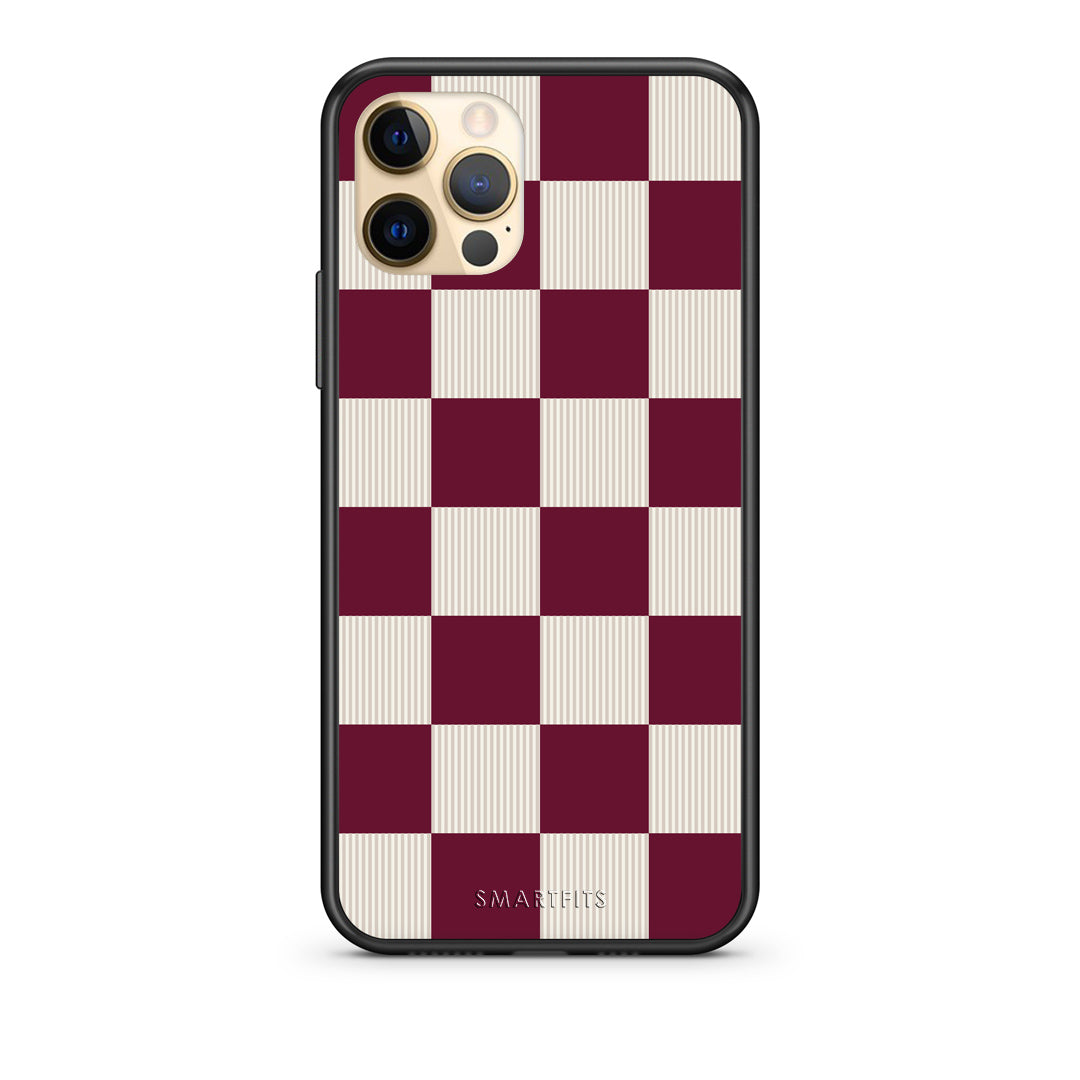 Θήκη iPhone 12 Pro Burgundy and Cream Striped Checks από τη Smartfits με σχέδιο στο πίσω μέρος και μαύρο περίβλημα | iPhone 12 Pro Burgundy and Cream Striped Checks case with colorful back and black bezels