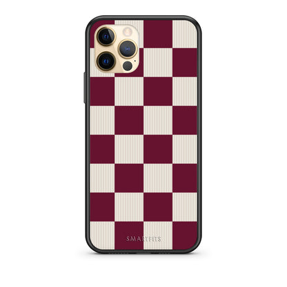 Θήκη iPhone 12 Pro Burgundy and Cream Striped Checks από τη Smartfits με σχέδιο στο πίσω μέρος και μαύρο περίβλημα | iPhone 12 Pro Burgundy and Cream Striped Checks case with colorful back and black bezels