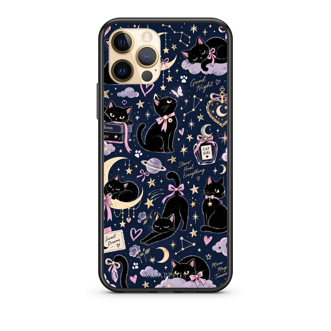 Θήκη iPhone 12 Pro Celestial Black Cats on Navy από τη Smartfits με σχέδιο στο πίσω μέρος και μαύρο περίβλημα | iPhone 12 Pro Celestial Black Cats on Navy case with colorful back and black bezels