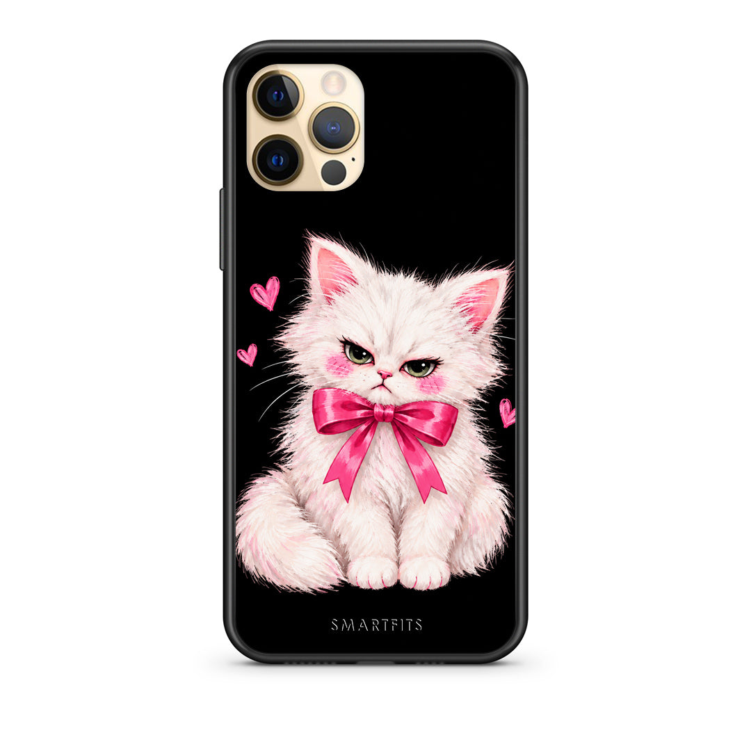 Θήκη iPhone 12 Pro Grumpy Party Kitten on Black από τη Smartfits με σχέδιο στο πίσω μέρος και μαύρο περίβλημα | iPhone 12 Pro Grumpy Party Kitten on Black case with colorful back and black bezels