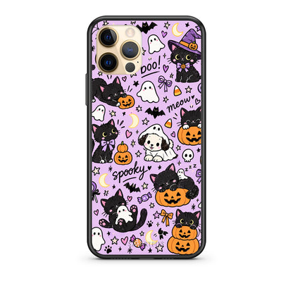 Θήκη iPhone 12 Pro Halloween Black Cats on Lilac από τη Smartfits με σχέδιο στο πίσω μέρος και μαύρο περίβλημα | iPhone 12 Pro Halloween Black Cats on Lilac case with colorful back and black bezels