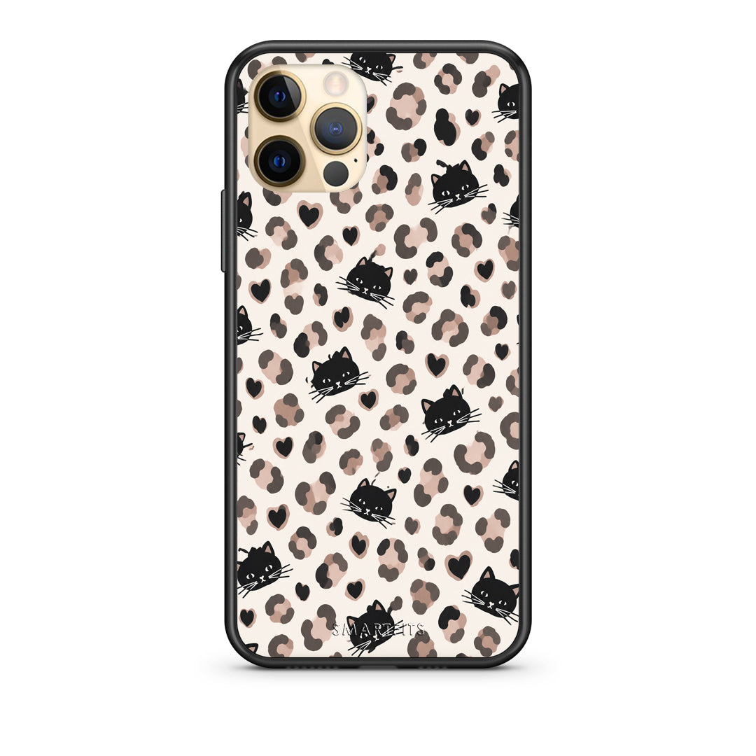 Θήκη iPhone 12 Pro Leopard Spots and Black Cats on Cream από τη Smartfits με σχέδιο στο πίσω μέρος και μαύρο περίβλημα | iPhone 12 Pro Leopard Spots and Black Cats on Cream case with colorful back and black bezels
