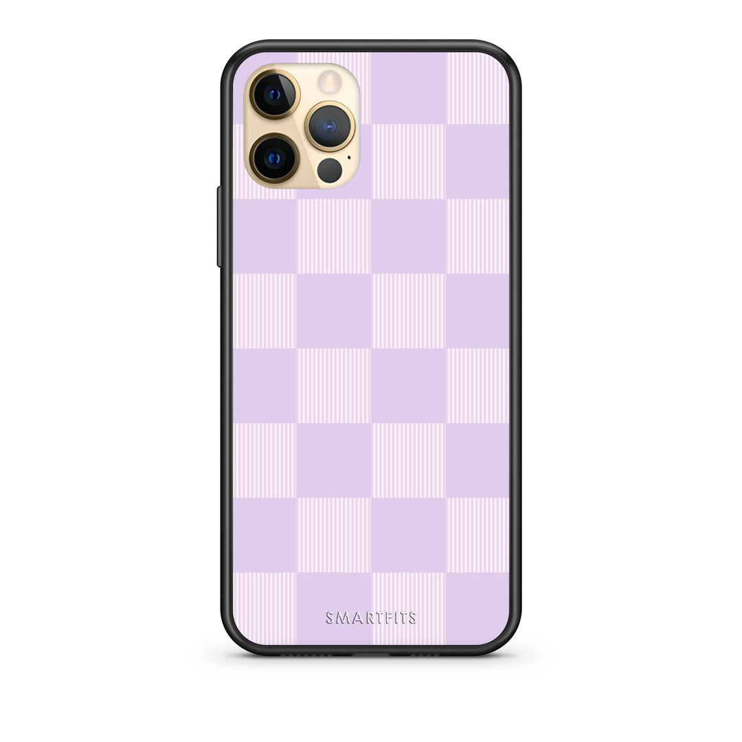 Θήκη iPhone 12 Pro Lilac and Cream Striped Checks από τη Smartfits με σχέδιο στο πίσω μέρος και μαύρο περίβλημα | iPhone 12 Pro Lilac and Cream Striped Checks case with colorful back and black bezels