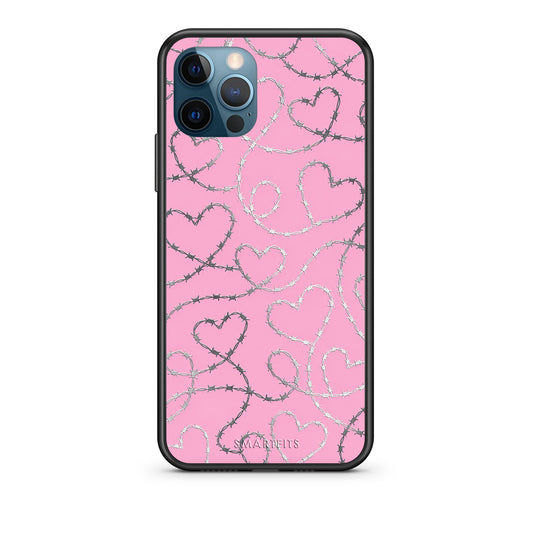 Θήκη iPhone 12 Pro Max Barbed Wire Hearts on Pink από τη Smartfits με σχέδιο στο πίσω μέρος και μαύρο περίβλημα | iPhone 12 Pro Max Barbed Wire Hearts on Pink case with colorful back and black bezels