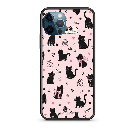 Θήκη iPhone 12 Pro Max Black Cat Doodles on Pink από τη Smartfits με σχέδιο στο πίσω μέρος και μαύρο περίβλημα | iPhone 12 Pro Max Black Cat Doodles on Pink case with colorful back and black bezels