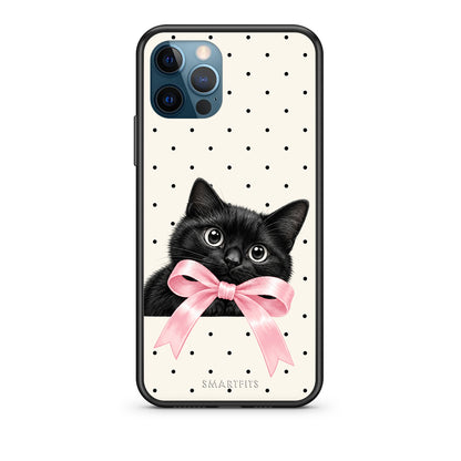 Θήκη iPhone 12 Pro Max Black Kitten Pink Bow and Polka Dots από τη Smartfits με σχέδιο στο πίσω μέρος και μαύρο περίβλημα | iPhone 12 Pro Max Black Kitten Pink Bow and Polka Dots case with colorful back and black bezels