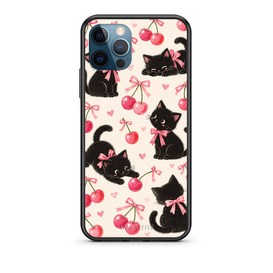 Θήκη iPhone 12 Pro Max Black Kittens and Cherries on Cream από τη Smartfits με σχέδιο στο πίσω μέρος και μαύρο περίβλημα | iPhone 12 Pro Max Black Kittens and Cherries on Cream case with colorful back and black bezels