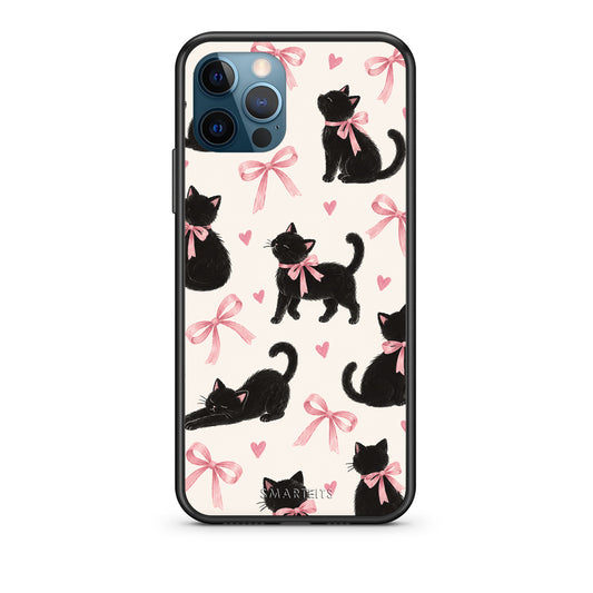 Θήκη iPhone 12 Pro Max Black Kittens and Pink Bows on Cream Large από τη Smartfits με σχέδιο στο πίσω μέρος και μαύρο περίβλημα | iPhone 12 Pro Max Black Kittens and Pink Bows on Cream Large case with colorful back and black bezels