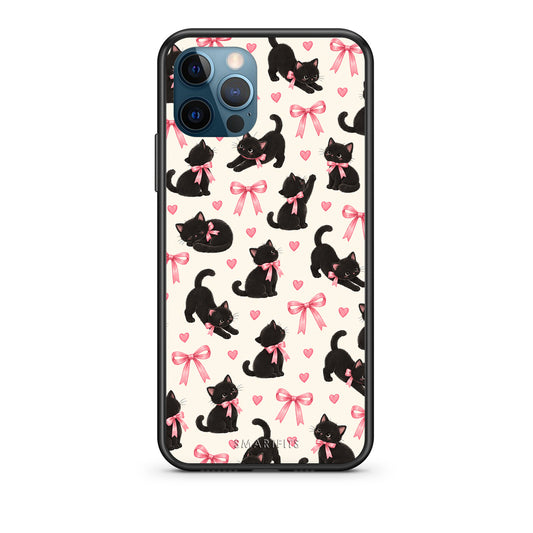Θήκη iPhone 12 Pro Max Black Kittens and Pink Bows on Cream Small από τη Smartfits με σχέδιο στο πίσω μέρος και μαύρο περίβλημα | iPhone 12 Pro Max Black Kittens and Pink Bows on Cream Small case with colorful back and black bezels