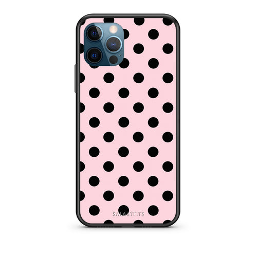 Θήκη iPhone 12 Pro Max Black Polka Dots on Pink από τη Smartfits με σχέδιο στο πίσω μέρος και μαύρο περίβλημα | iPhone 12 Pro Max Black Polka Dots on Pink case with colorful back and black bezels
