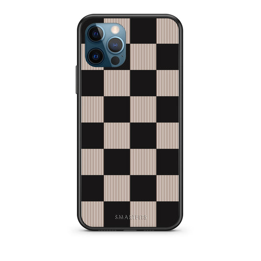 Θήκη iPhone 12 Pro Max Black and Taupe Striped Checks από τη Smartfits με σχέδιο στο πίσω μέρος και μαύρο περίβλημα | iPhone 12 Pro Max Black and Taupe Striped Checks case with colorful back and black bezels