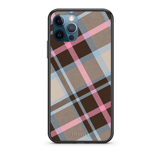 Θήκη iPhone 12 Pro Max Brown Pink and Blue Diagonal Plaid από τη Smartfits με σχέδιο στο πίσω μέρος και μαύρο περίβλημα | iPhone 12 Pro Max Brown Pink and Blue Diagonal Plaid case with colorful back and black bezels