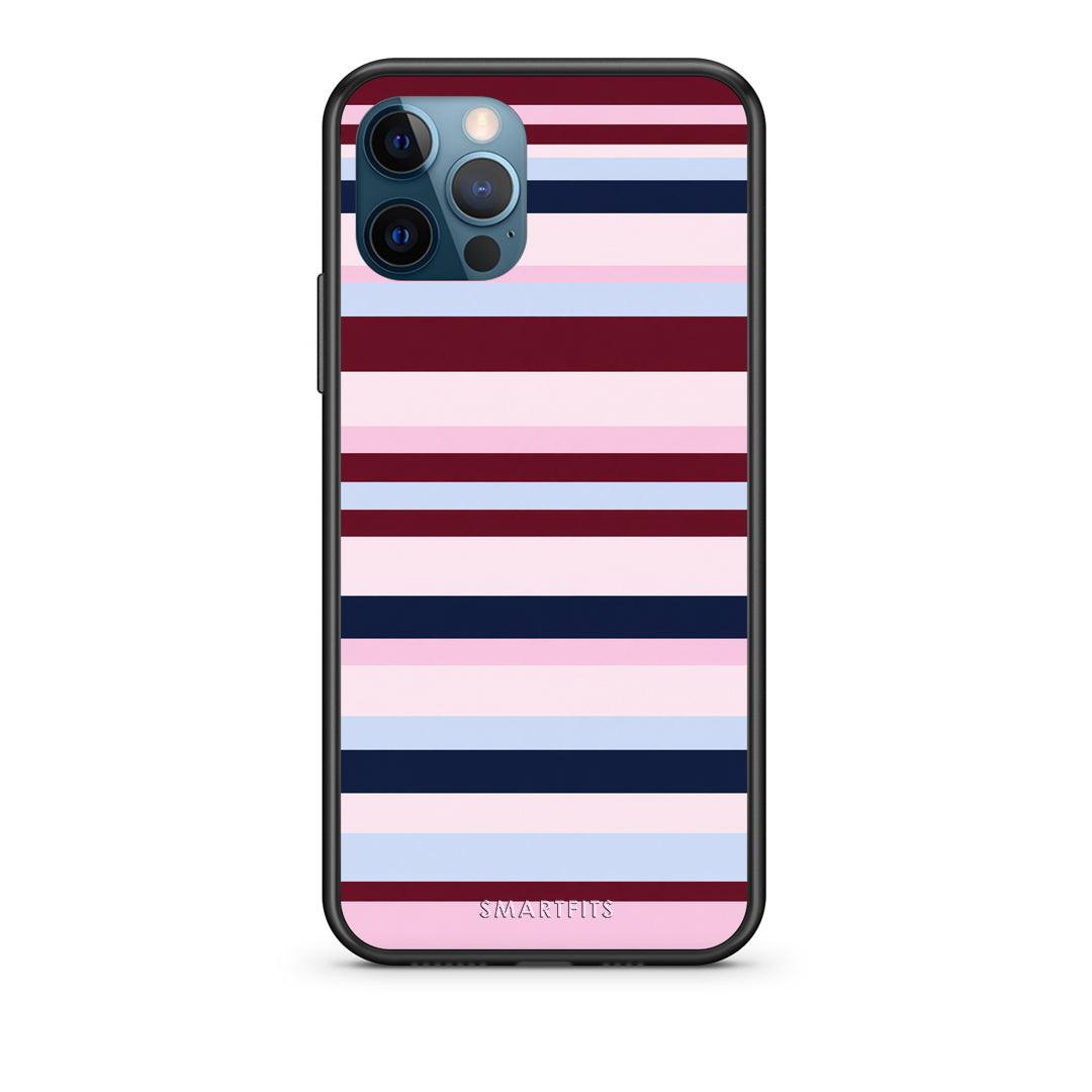 Θήκη iPhone 12 Pro Max Burgundy Pink and Blue Horizontal Stripes από τη Smartfits με σχέδιο στο πίσω μέρος και μαύρο περίβλημα | iPhone 12 Pro Max Burgundy Pink and Blue Horizontal Stripes case with colorful back and black bezels