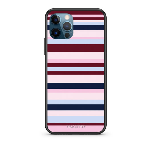 Θήκη iPhone 12 Pro Max Burgundy Pink and Blue Horizontal Stripes από τη Smartfits με σχέδιο στο πίσω μέρος και μαύρο περίβλημα | iPhone 12 Pro Max Burgundy Pink and Blue Horizontal Stripes case with colorful back and black bezels