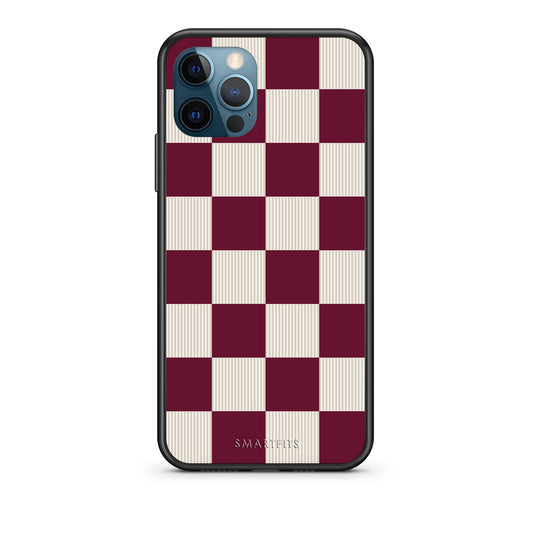 Θήκη iPhone 12 Pro Max Burgundy and Cream Striped Checks από τη Smartfits με σχέδιο στο πίσω μέρος και μαύρο περίβλημα | iPhone 12 Pro Max Burgundy and Cream Striped Checks case with colorful back and black bezels