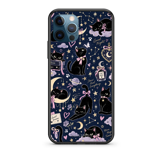 Θήκη iPhone 12 Pro Max Celestial Black Cats on Navy από τη Smartfits με σχέδιο στο πίσω μέρος και μαύρο περίβλημα | iPhone 12 Pro Max Celestial Black Cats on Navy case with colorful back and black bezels