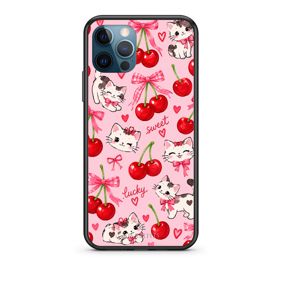 Θήκη iPhone 12 Pro Max Cherries Bows and Kittens on Pink από τη Smartfits με σχέδιο στο πίσω μέρος και μαύρο περίβλημα | iPhone 12 Pro Max Cherries Bows and Kittens on Pink case with colorful back and black bezels
