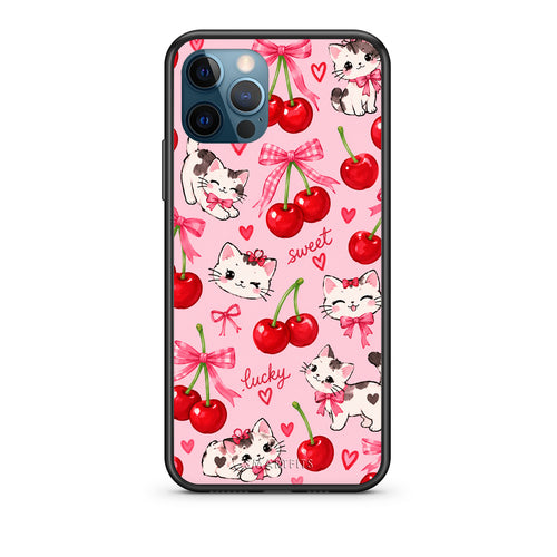 Θήκη iPhone 12 Pro Max Cherries Bows and Kittens on Pink από τη Smartfits με σχέδιο στο πίσω μέρος και μαύρο περίβλημα | iPhone 12 Pro Max Cherries Bows and Kittens on Pink case with colorful back and black bezels
