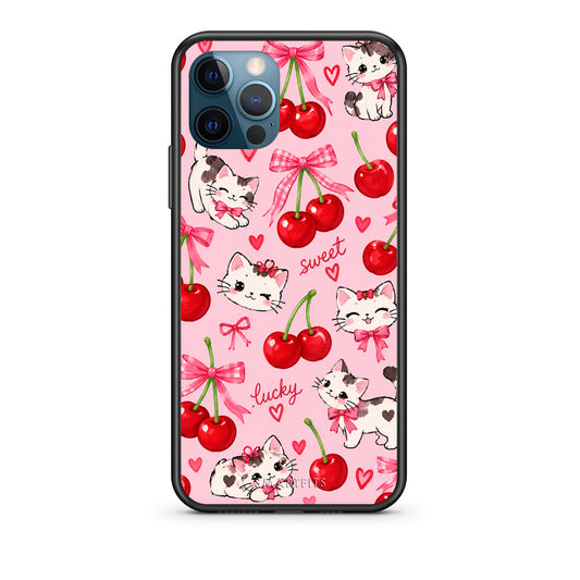 Θήκη iPhone 12 Pro Max Cherries Bows and Kittens on Pink από τη Smartfits με σχέδιο στο πίσω μέρος και μαύρο περίβλημα | iPhone 12 Pro Max Cherries Bows and Kittens on Pink case with colorful back and black bezels