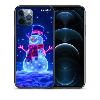 Θήκη iPhone 12 Pro Max Christmas Neon Snowman από τη Smartfits με σχέδιο στο πίσω μέρος και μαύρο περίβλημα | iPhone 12 Pro Max Christmas Neon Snowman case with colorful back and black bezels
