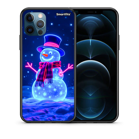 Θήκη iPhone 12 Pro Max Christmas Neon Snowman από τη Smartfits με σχέδιο στο πίσω μέρος και μαύρο περίβλημα | iPhone 12 Pro Max Christmas Neon Snowman case with colorful back and black bezels