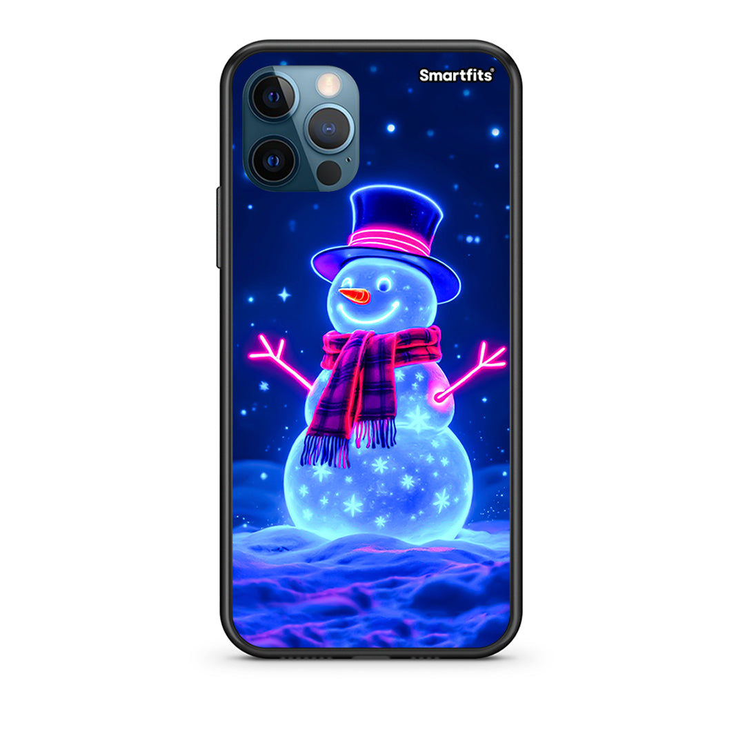 iPhone 12 Pro Max Christmas Neon Snowman Θήκη από τη Smartfits με σχέδιο στο πίσω μέρος και μαύρο περίβλημα | Smartphone case with colorful back and black bezels by Smartfits