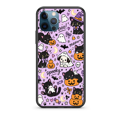 Θήκη iPhone 12 Pro Max Halloween Black Cats on Lilac από τη Smartfits με σχέδιο στο πίσω μέρος και μαύρο περίβλημα | iPhone 12 Pro Max Halloween Black Cats on Lilac case with colorful back and black bezels