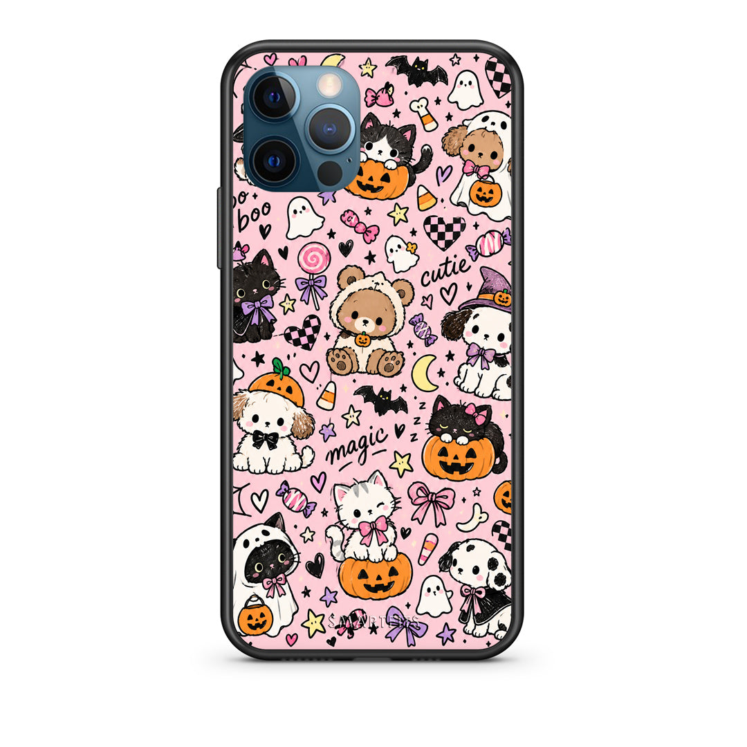 Θήκη iPhone 12 Pro Max Halloween Cute Animals on Pink από τη Smartfits με σχέδιο στο πίσω μέρος και μαύρο περίβλημα | iPhone 12 Pro Max Halloween Cute Animals on Pink case with colorful back and black bezels