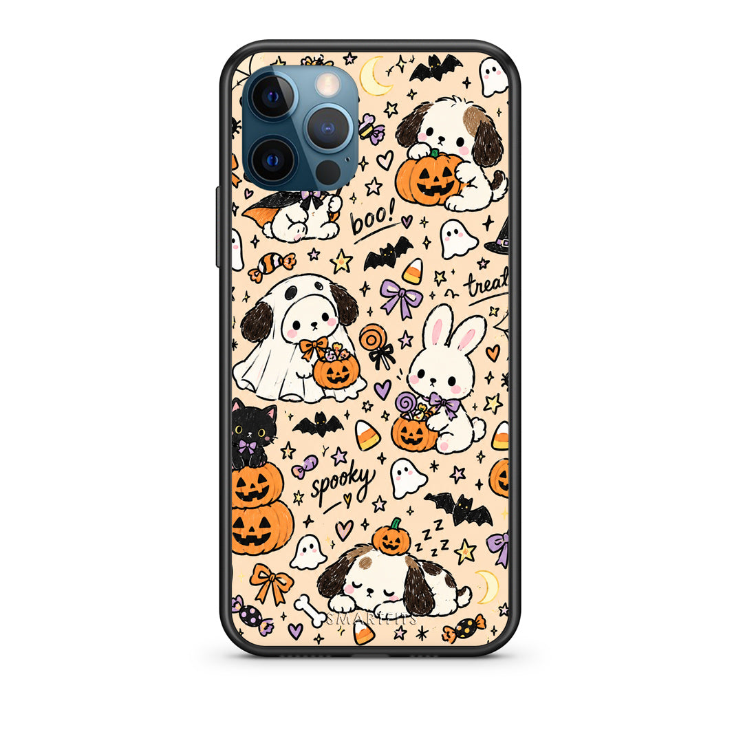 Θήκη iPhone 12 Pro Max Halloween Puppies and Friends on Cream από τη Smartfits με σχέδιο στο πίσω μέρος και μαύρο περίβλημα | iPhone 12 Pro Max Halloween Puppies and Friends on Cream case with colorful back and black bezels