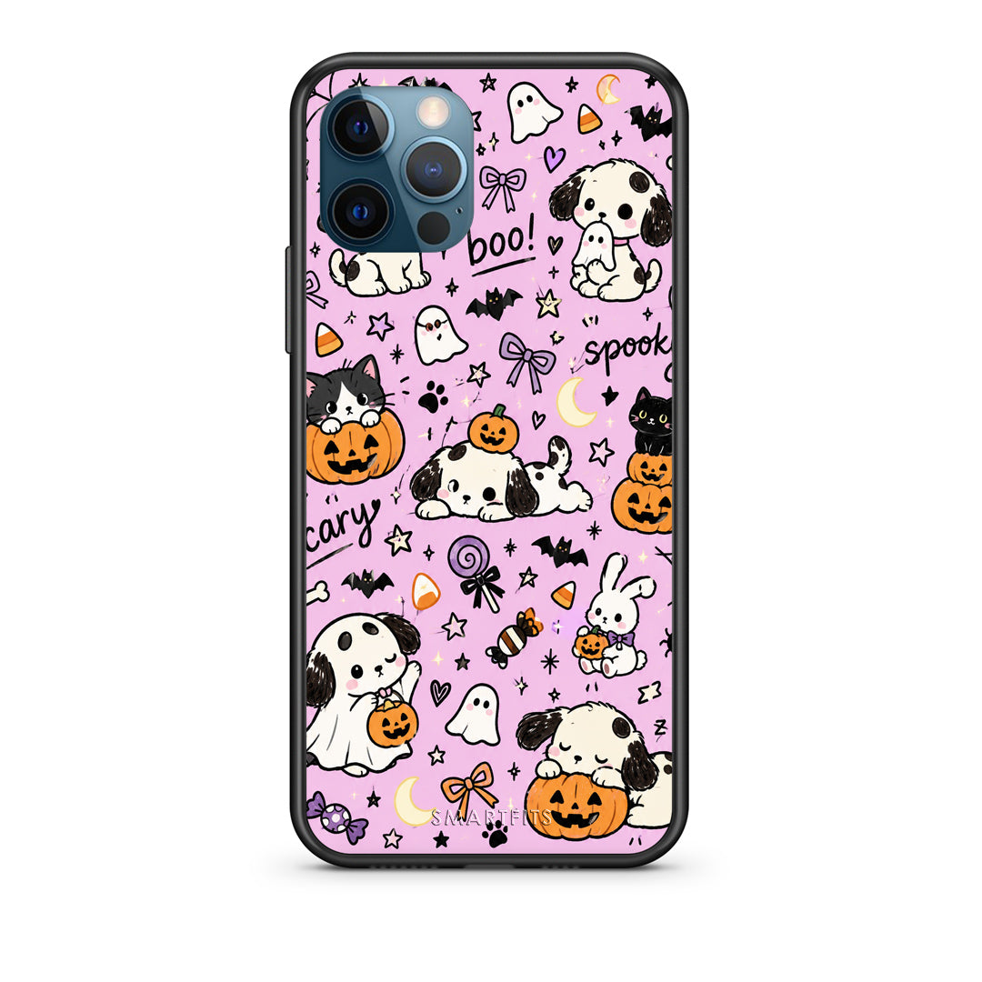 Θήκη iPhone 12 Pro Max Halloween Puppies and Friends on Lilac από τη Smartfits με σχέδιο στο πίσω μέρος και μαύρο περίβλημα | iPhone 12 Pro Max Halloween Puppies and Friends on Lilac case with colorful back and black bezels