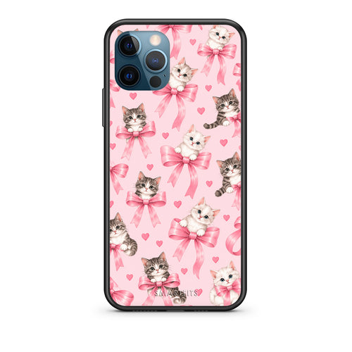 Θήκη iPhone 12 Pro Max Kittens and Pink Bows on Pink από τη Smartfits με σχέδιο στο πίσω μέρος και μαύρο περίβλημα | iPhone 12 Pro Max Kittens and Pink Bows on Pink case with colorful back and black bezels
