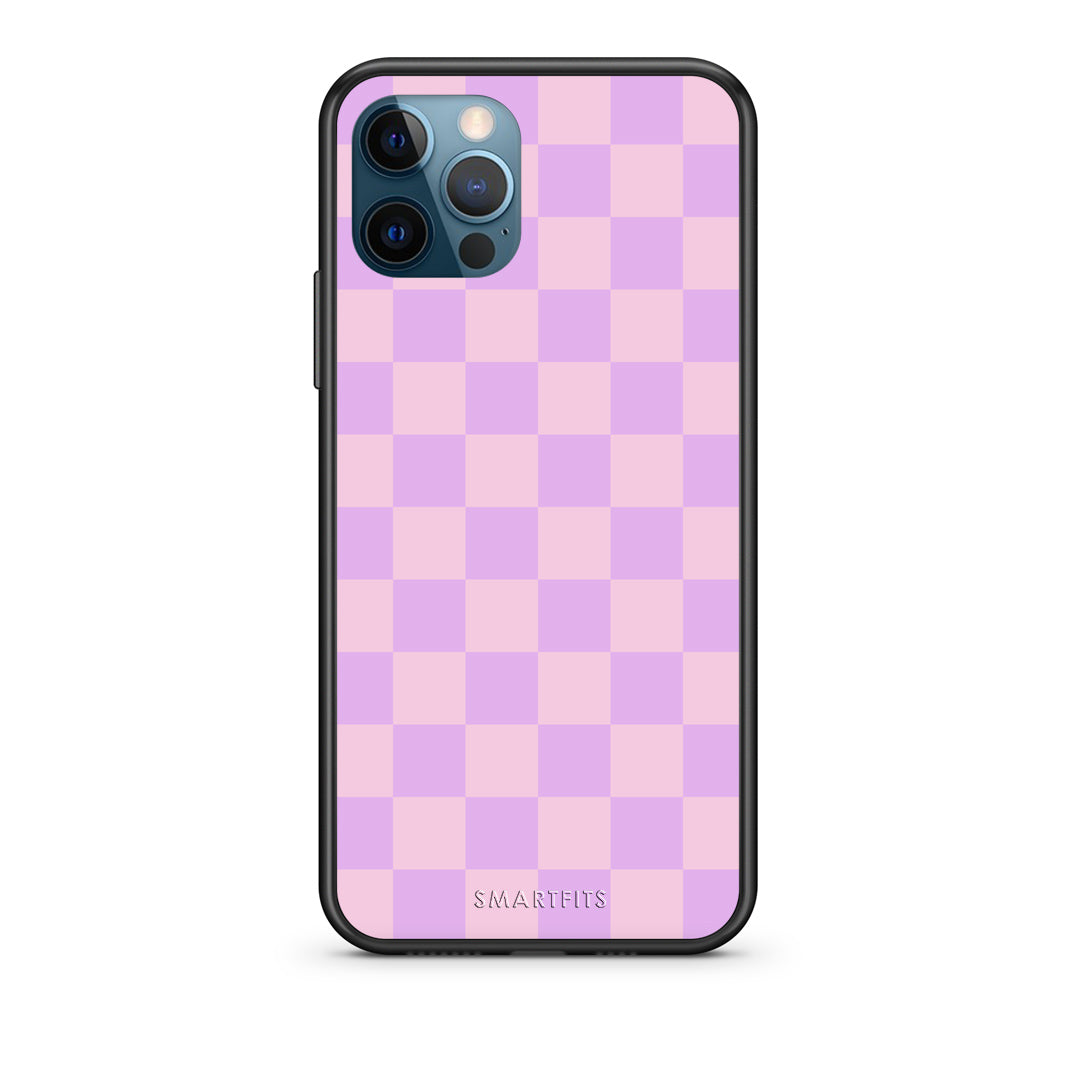 Θήκη iPhone 12 Pro Max Lavender and Pink Checkerboard από τη Smartfits με σχέδιο στο πίσω μέρος και μαύρο περίβλημα | iPhone 12 Pro Max Lavender and Pink Checkerboard case with colorful back and black bezels