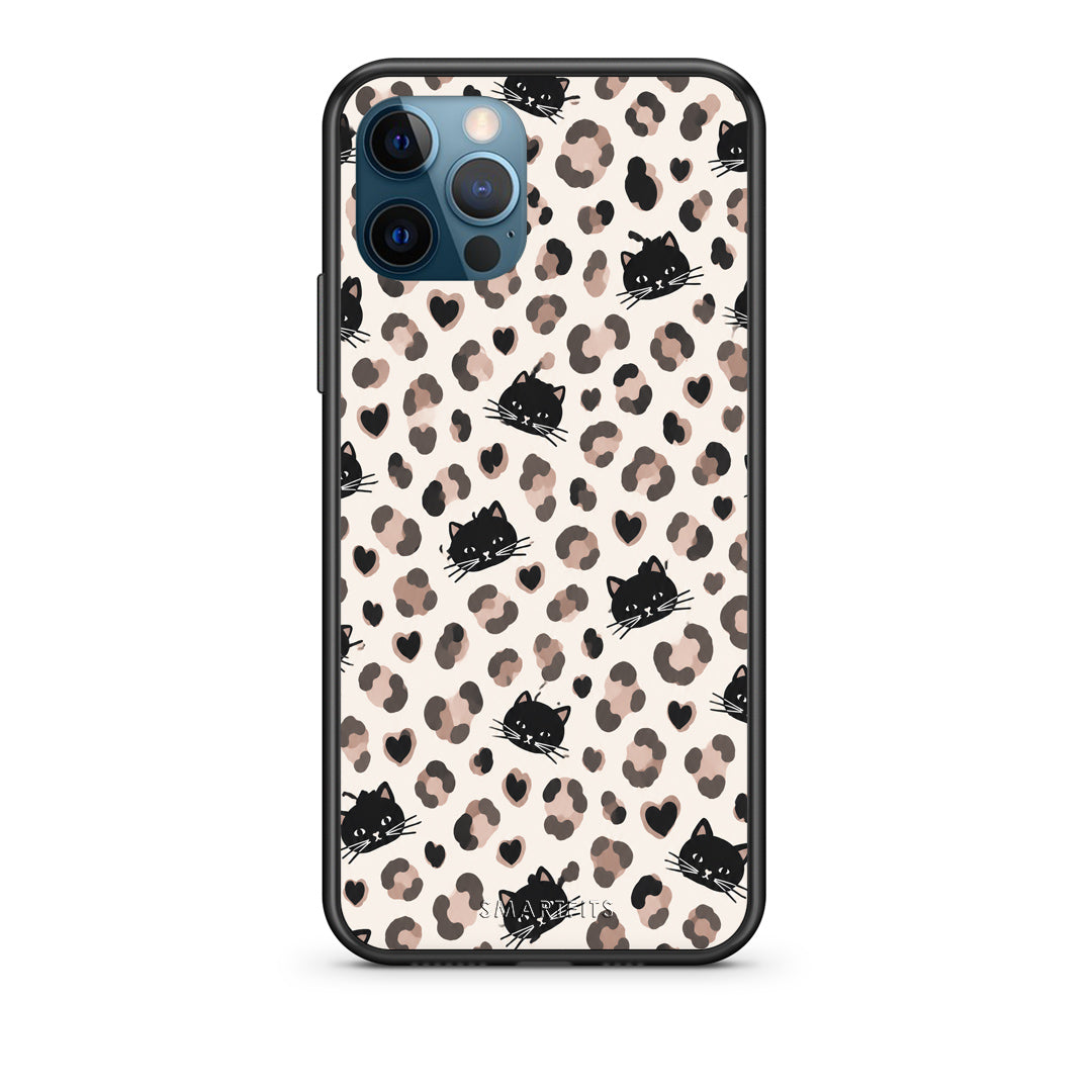Θήκη iPhone 12 Pro Max Leopard Spots and Black Cats on Cream από τη Smartfits με σχέδιο στο πίσω μέρος και μαύρο περίβλημα | iPhone 12 Pro Max Leopard Spots and Black Cats on Cream case with colorful back and black bezels