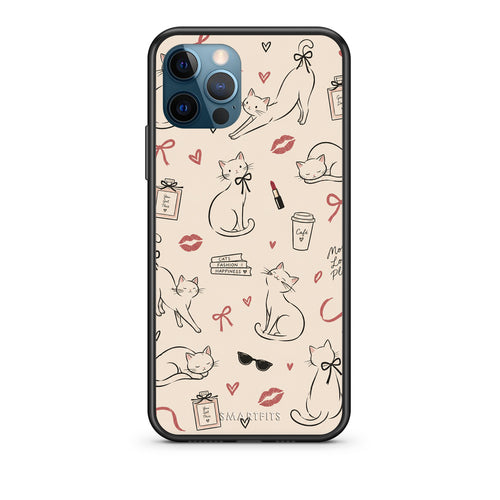 Θήκη iPhone 12 Pro Max Minimal Cat and Fashion Doodles on Cream από τη Smartfits με σχέδιο στο πίσω μέρος και μαύρο περίβλημα | iPhone 12 Pro Max Minimal Cat and Fashion Doodles on Cream case with colorful back and black bezels
