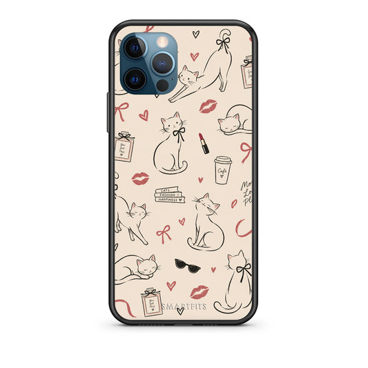 Θήκη iPhone 12 Pro Max Minimal Cat and Fashion Doodles on Cream από τη Smartfits με σχέδιο στο πίσω μέρος και μαύρο περίβλημα | iPhone 12 Pro Max Minimal Cat and Fashion Doodles on Cream case with colorful back and black bezels