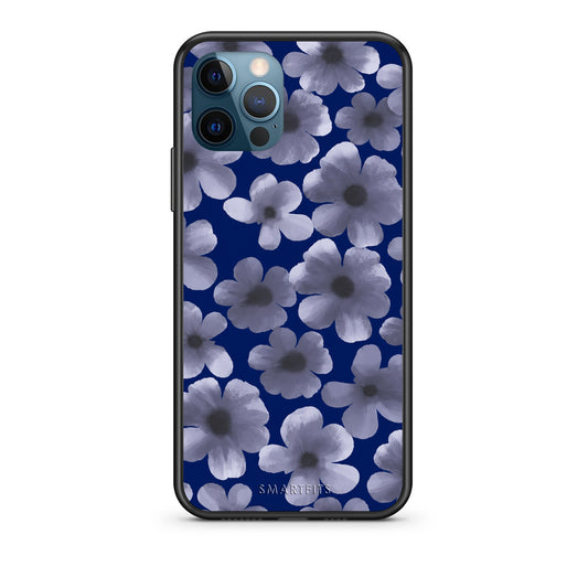 Θήκη iPhone 12 Pro Max Pale Blue Flowers on Navy από τη Smartfits με σχέδιο στο πίσω μέρος και μαύρο περίβλημα | iPhone 12 Pro Max Pale Blue Flowers on Navy case with colorful back and black bezels