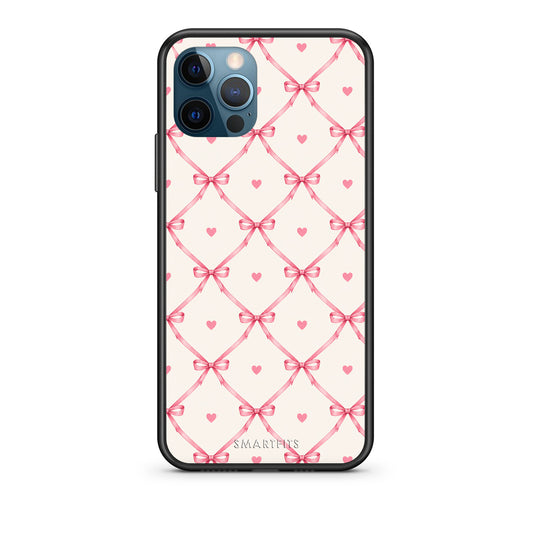 Θήκη iPhone 12 Pro Max Pink Bow Lattice and Hearts on Cream από τη Smartfits με σχέδιο στο πίσω μέρος και μαύρο περίβλημα | iPhone 12 Pro Max Pink Bow Lattice and Hearts on Cream case with colorful back and black bezels