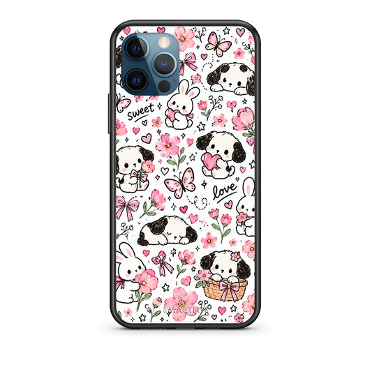 Θήκη iPhone 12 Pro Max Pink Florals Puppies and Bunnies on White από τη Smartfits με σχέδιο στο πίσω μέρος και μαύρο περίβλημα | iPhone 12 Pro Max Pink Florals Puppies and Bunnies on White case with colorful back and black bezels
