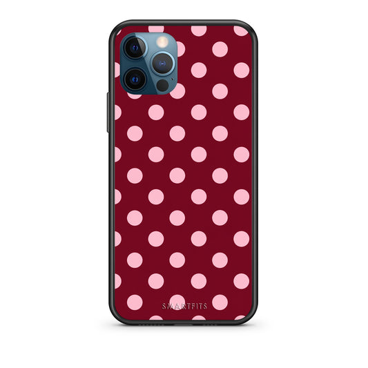 Θήκη iPhone 12 Pro Max Pink Polka Dots on Burgundy από τη Smartfits με σχέδιο στο πίσω μέρος και μαύρο περίβλημα | iPhone 12 Pro Max Pink Polka Dots on Burgundy case with colorful back and black bezels