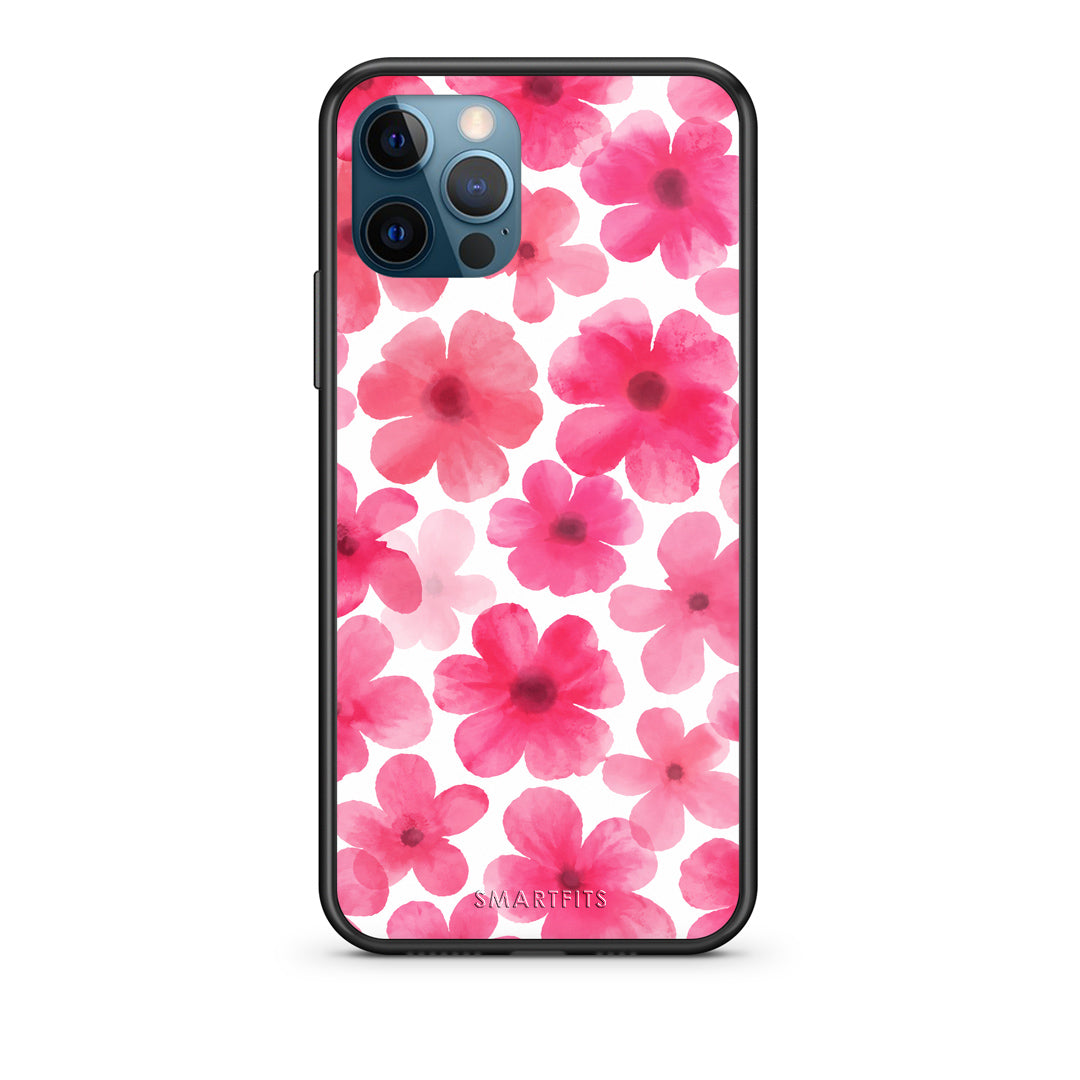 Θήκη iPhone 12 Pro Max Pink Watercolour Flowers on White από τη Smartfits με σχέδιο στο πίσω μέρος και μαύρο περίβλημα | iPhone 12 Pro Max Pink Watercolour Flowers on White case with colorful back and black bezels