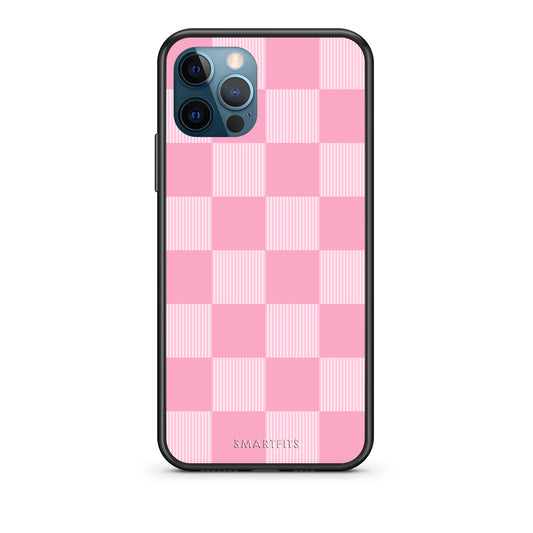 Θήκη iPhone 12 Pro Max Pink and White Striped Checks από τη Smartfits με σχέδιο στο πίσω μέρος και μαύρο περίβλημα | iPhone 12 Pro Max Pink and White Striped Checks case with colorful back and black bezels